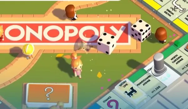 Tabellone di Monopoly Go con dadi e personaggi — come ottenere dadi gratis