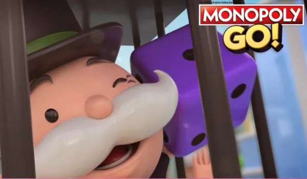 Mr. Monopoly in prigione con dado viola in Monopoly Go