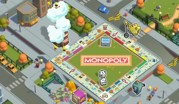 Veduta dall'alto del tabellone Monopoly Go con dadi